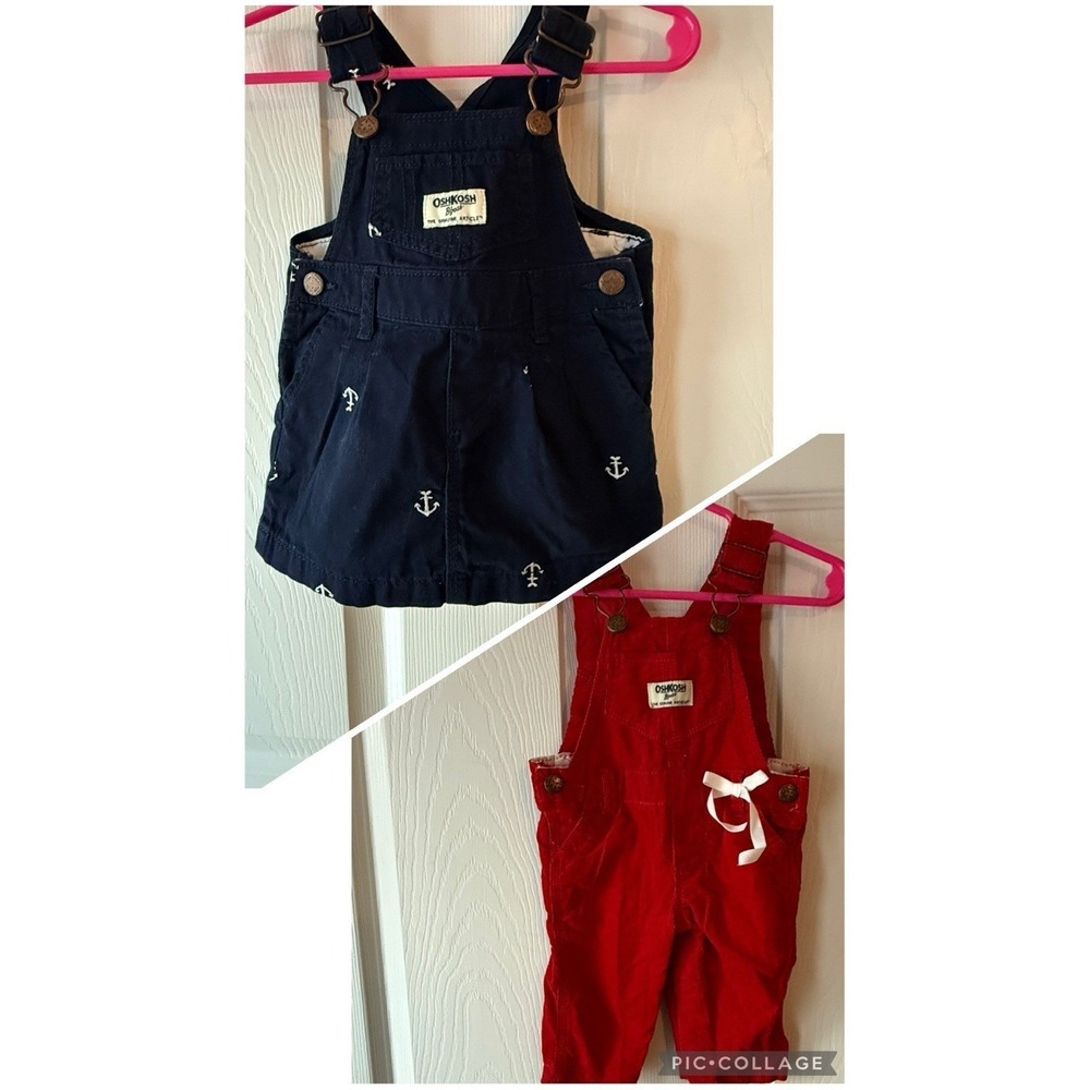 2 Vtg Osh Kosh B'gosh Vestbak Corduroy Overalls Red Baby 3M Navy Sailboat 6M
